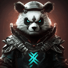 a panda bear wearing a helmet and armor with an x on it