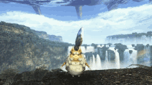 a cartoon character is standing in front of a waterfall in a video game