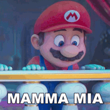 a cartoon mario is behind a railing and says mamma mia