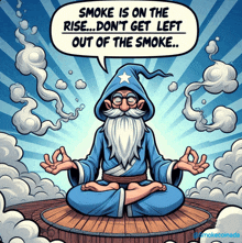 a cartoon of a wizard in a lotus position with smoke coming out of his mouth