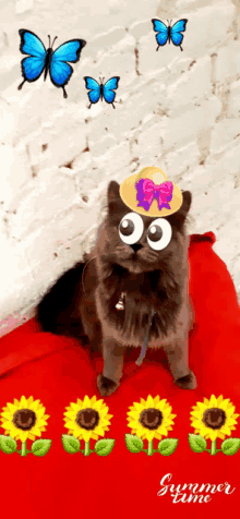 a cat wearing a hat and googly eyes is on a red blanket with sunflowers and butterflies