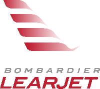 a red and white logo for bombardier learjet with a white background