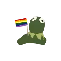 kermit the frog holds a rainbow flag in his hand