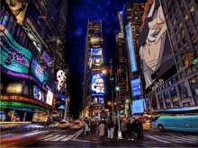 a busy city street at night with a sign that says dancing with the stars on it