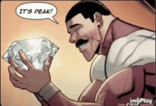 a cartoon of a man holding a diamond with a speech bubble that says it 's peak