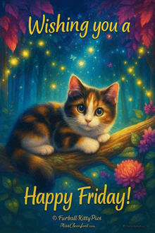 a calico cat is laying on a tree branch with the words wishing you a happy friday