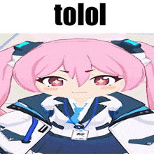 a cartoon girl with pink hair and a name tag that says " tolol "