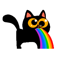 a black cat with big eyes is licking a rainbow out of its mouth