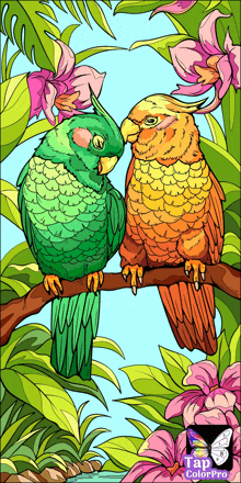 two birds are sitting on a branch in a tap color pro coloring book