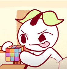 a cartoon character is holding a colorful rubik 's cube and sticking out his tongue