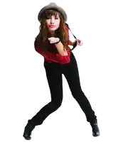 a girl wearing a hat and a red shirt blows a kiss
