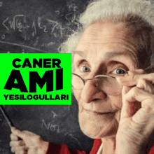 an older woman wearing glasses stands in front of a blackboard with the words caner ami