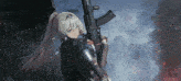 a girl with a ponytail is holding a gun in front of a burning building