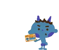 a cartoon drawing of a blue monster holding a yellow card with chinese characters on it