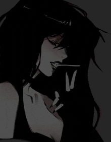 a black and white drawing of a woman smoking a cigarette