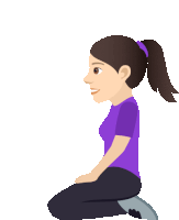 a woman in a purple shirt sits on her knees with her legs crossed