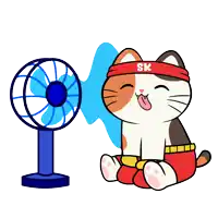 a cartoon cat wearing a headband that says sk is sitting in front of a fan