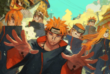 a painting of a group of anime characters with one having a bandage on his head