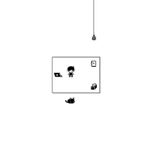 a black and white pixel art drawing of a person , a cat , a laptop , and a light bulb