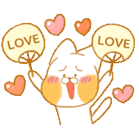 a cartoon drawing of a cat holding a fan with the word love on it