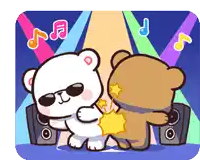 two teddy bears are dancing in front of speakers with music notes in the background