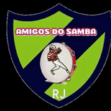 a logo for amigos do samba rj with a man playing a tambourine on a shield .