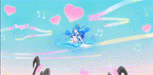 a girl with blue hair and a blue dress is holding a hula hoop