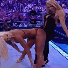 two women are wrestling in a wrestling ring and one of them is wearing a red bikini .