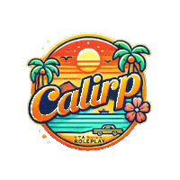 a colorful logo for calirp with palm trees and a car on the beach