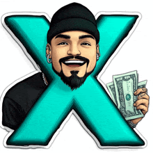 a man with a beard is holding a dollar bill in front of a large x