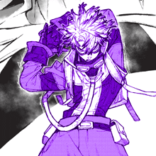 a purple and white drawing of a man with a mask