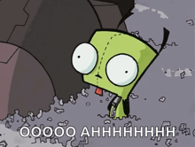 a cartoon character with the words oooo ahhhh on the bottom right