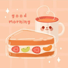 a slice of cake and a cup of tea with a face on them .