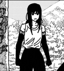 a black and white drawing of a girl with long black hair standing in front of a mountain .