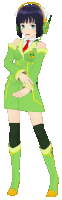 a girl in a green dress and headphones with the letter r on her chest