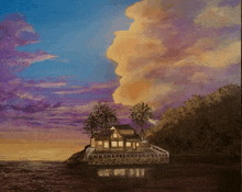 a painting of a house in the middle of a lake at sunset