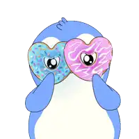 a penguin is holding a heart shaped donut in its hands