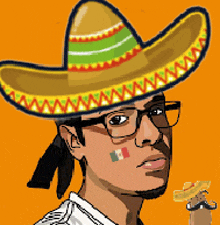 a man wearing a sombrero and glasses has a mexican flag painted on his face