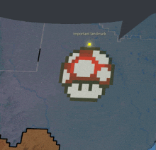 a pixelated mushroom is on a map with important landmark written below it