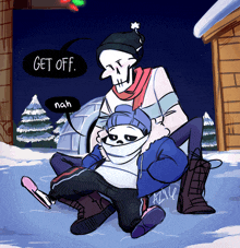 a drawing of a skeleton sitting on another skeleton says get off