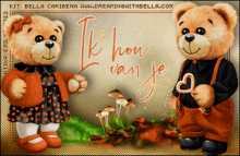 a couple of teddy bears standing next to each other with a sign that says ik hou van je on it