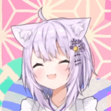 a close up of a girl with purple hair and cat ears smiling .