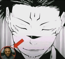 a close up of a person 's face with a red arrow pointing to the mouth