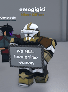 a cartoon character holding a sign that says we all love anime woman