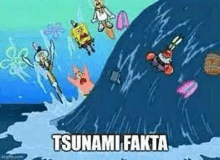 a group of spongebob squarepants characters are surfing a wave .