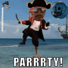 a man in a pirate costume is standing on a rock with the word parrrty written below him