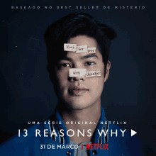 a poster for netflix 's 13 reasons why shows a young man