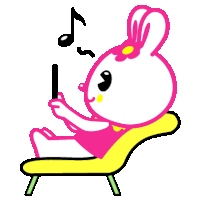 a cartoon bunny is sitting on a chair holding a cell phone