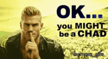 a man is holding his finger to his lips with the words ok you might be a chad below him