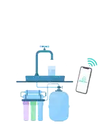 an illustration of a water filter and a cell phone that says aquacare